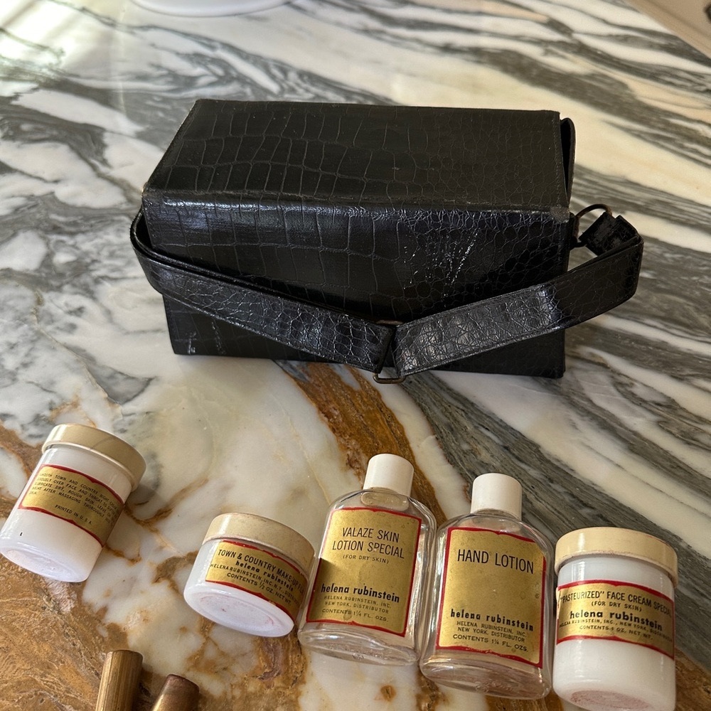 Antique1920s Helena Rubinstein leather cosmetic travel case with original items.